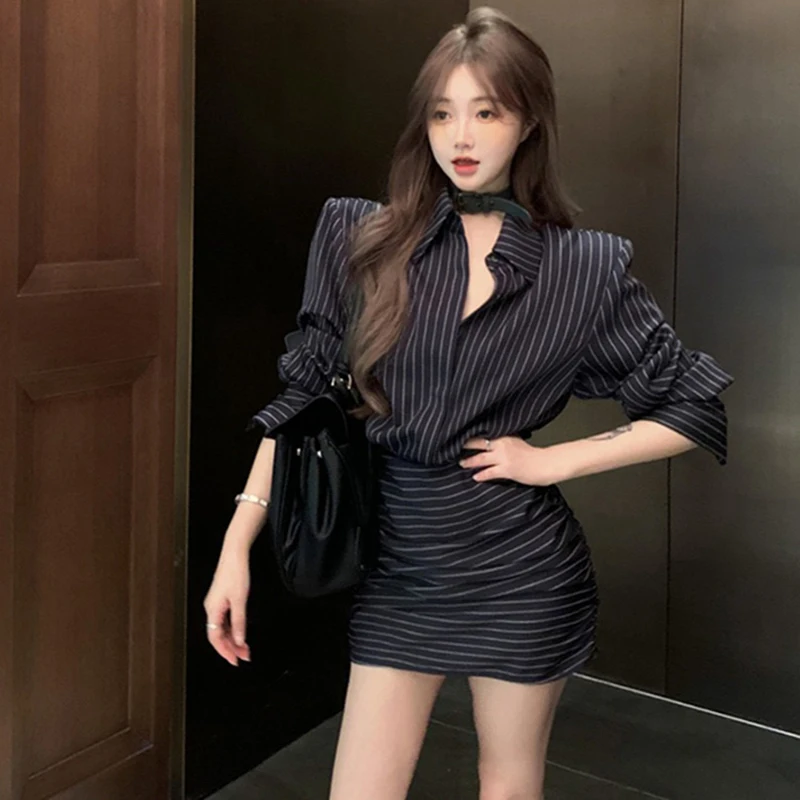 Осень-зима женское винтажное платье-рубашка в полоску Shoujo для девочек корейские