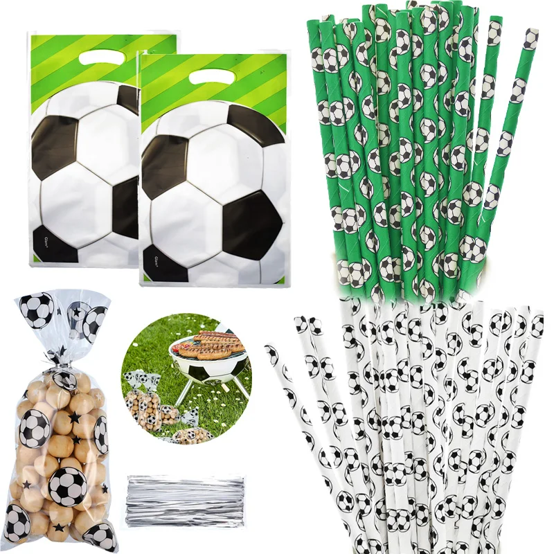 Soccer Paper Straws Party Supplies Sports Party Pack Candy Cellophane Bags Birthday Party Supplies Gifts for Boys Decoration