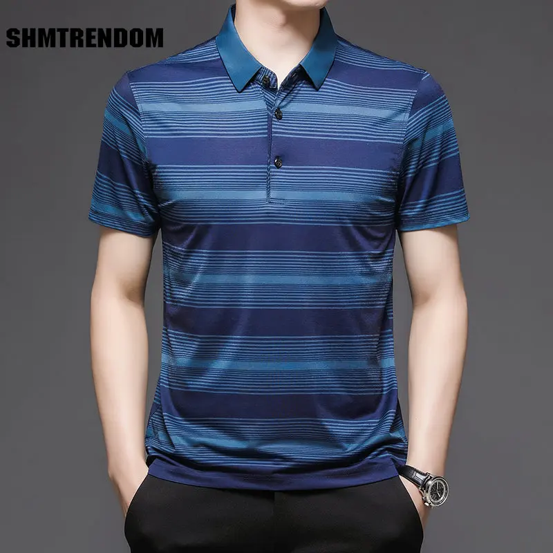 

SHMTRENDOM Summer Striped Men's Polo Shirts High Quality Short Sleeve Smart Casual Thin Golf Male T-shirts Simple Man Tees 3XL