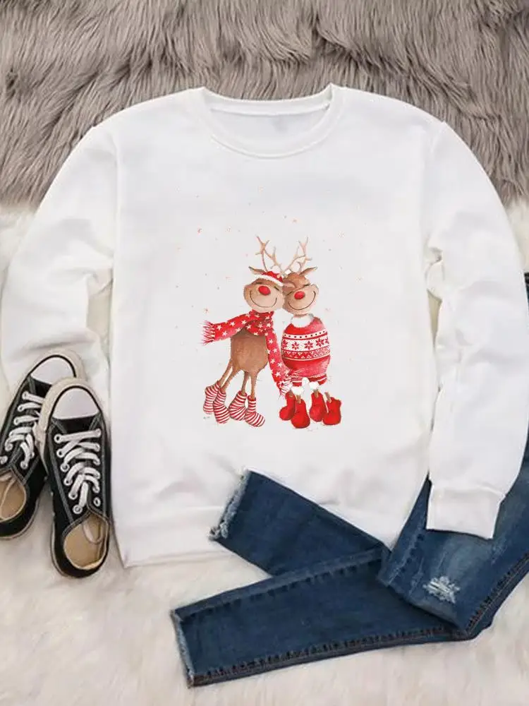 

Deer Valentine Trend Cute Happy New Year Print O-neck Merry Christmas Graphic Sweatshirts Pullovers Women Fashion Clothing