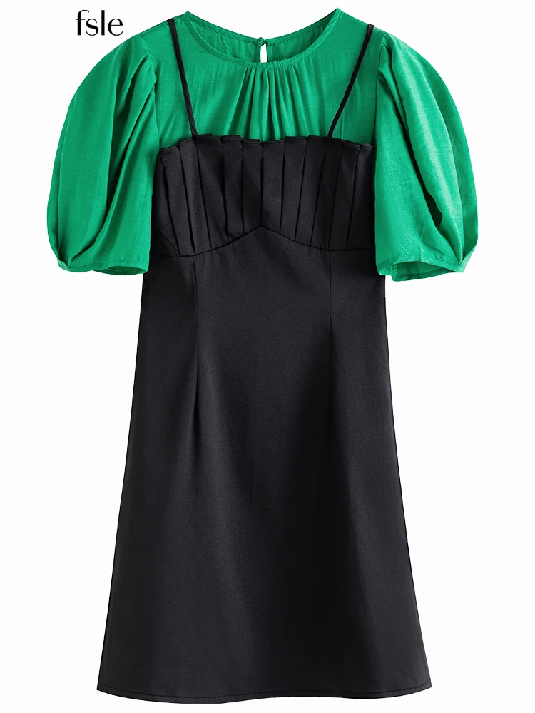 

FSLE Поддельный двухкомпонентный Женское мини-платье Design Sense Elegant Puff Sleeve Stitching Summer Female Chic Dress