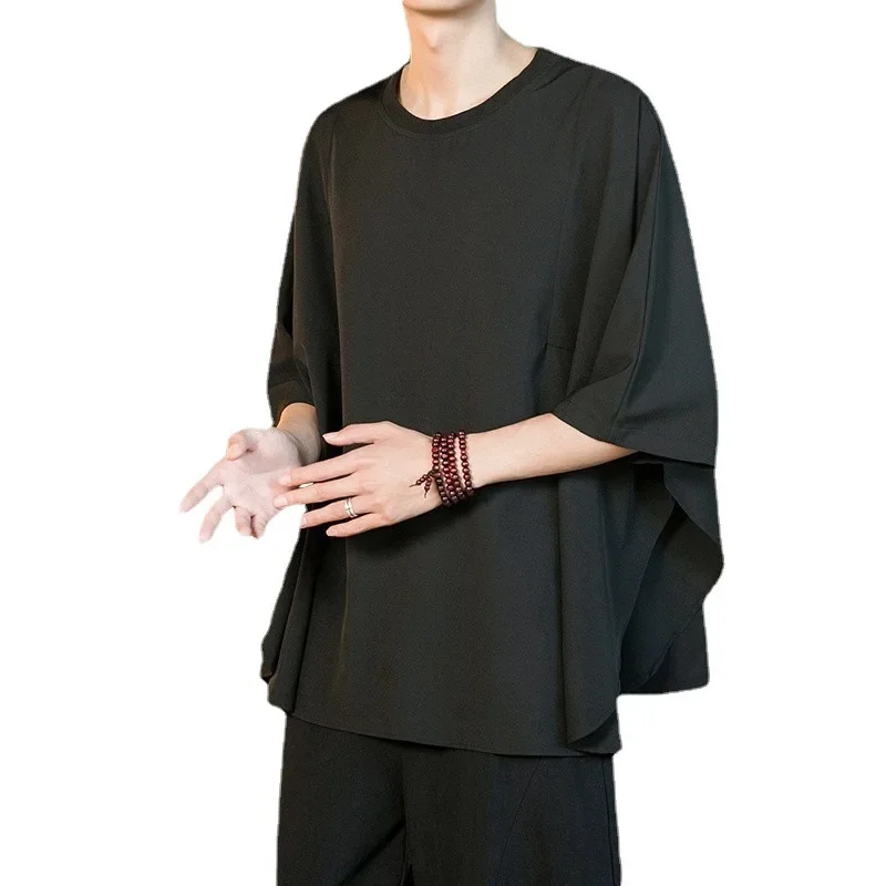 Mountain Born Yesi Dull Black Batwing Sleeved T-Shirt Niche Design SensibilityBottom Side Slitshort Sleeves Draped Ice Silk Body