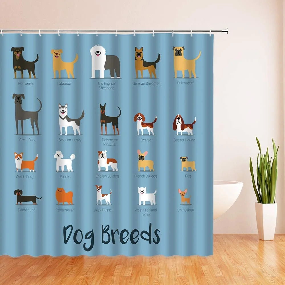 

Dog Shower Curtain Bulldog Labrador Dog Breeds Funny Dog Lovers Puppy Creative Animal Fabric Pet for Family Bath Curtain Hook