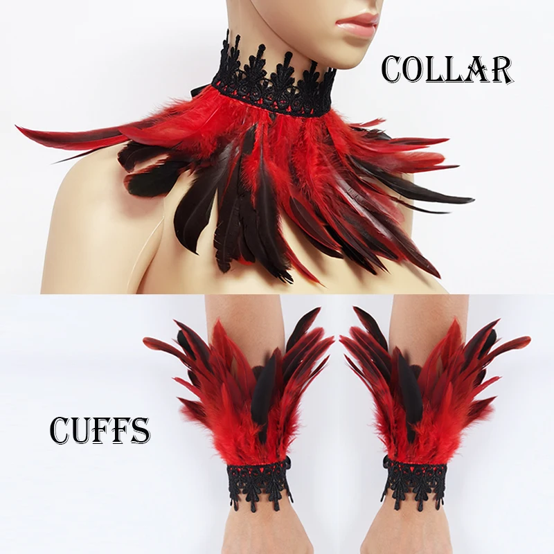 

Gothic Natural Feather Scarf Neck Dress Up Accessories Feather Wrist Cuff Party Cosplay Costume Carnival Decoration Punk Set