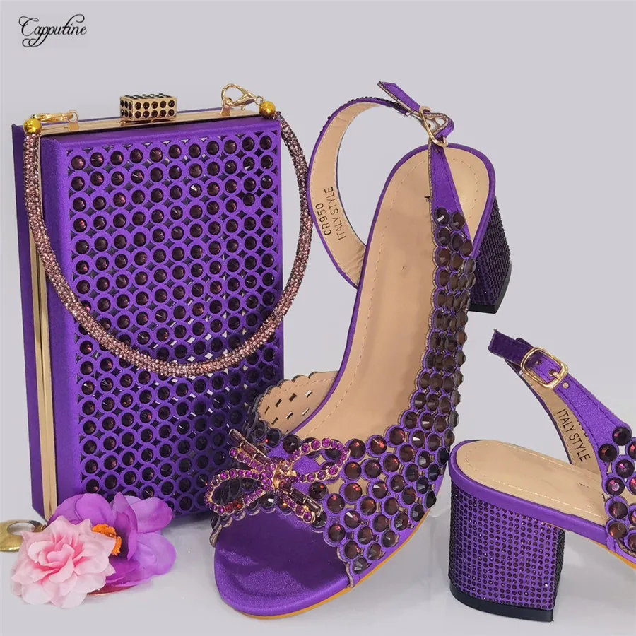 

Purple African Women Sandals And Bag Set 2023 Ladies Summer Shoes Match With Purse Handbag Pumps Clutch Sandales Femmes CR950