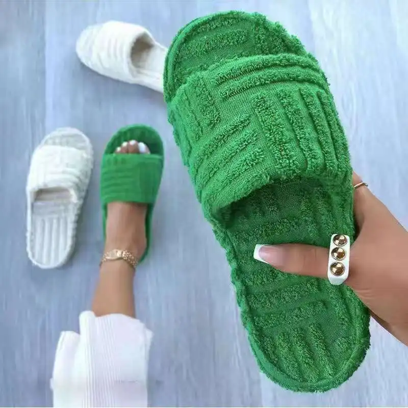 

Women Casual Slippers Runway Flip Flops Peep Toe Thick Sole Warm Furry Green Corduroy Embossed Cotton outdoor Flat chaussons