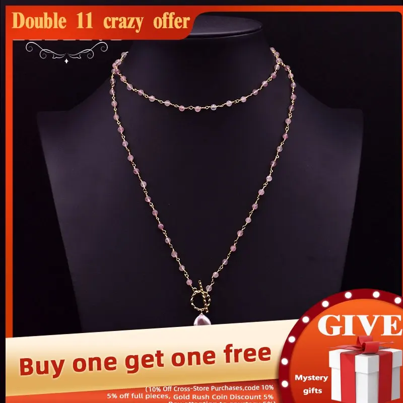 

GLSEEVO Natural Pink Crystal Natural Baroque Pearl Pendant Long Necklace For Girls Birthday Cute Jewellery Bijoux Femme GN0216B