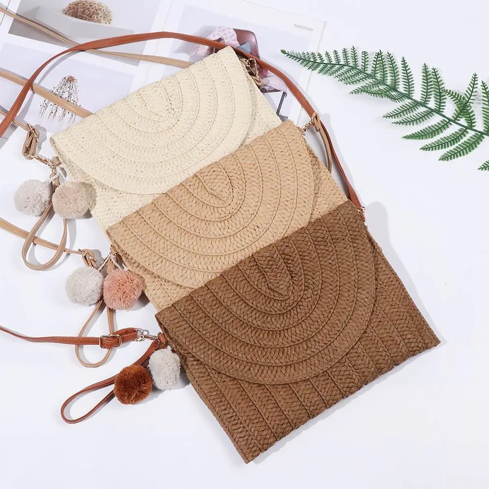 

Women Hand-woven PomPom Straw Crossbody Bag Straw Beach Bag Straw Clutch Summer Beach Envelope Purse Wallet Beach Bags for women