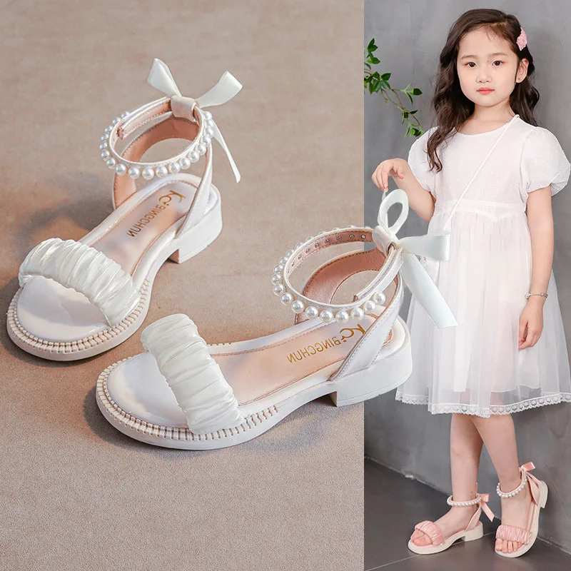 

Детские сандалии с бисером, летние милые пляжные сандалии с бантом для девочек, модные школьные римские сандалии принцессы с жемчугом, плос...