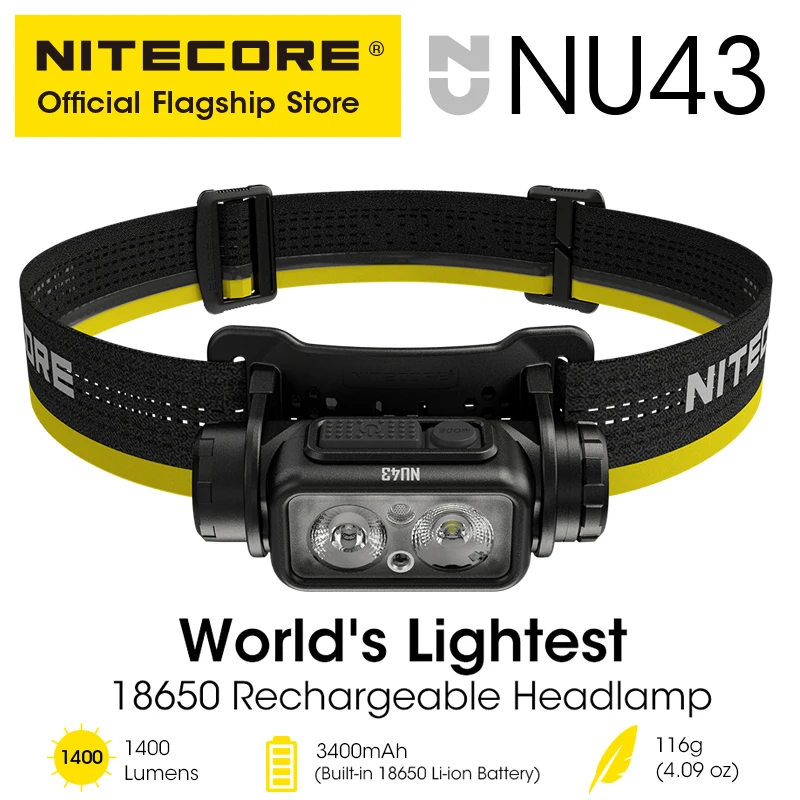 NITECORE NU43 USB-C Rechargeable Headlamp 1400 Lumens for Trail Running LED Work Light Fishing Trekking, Built in 18650 Battery