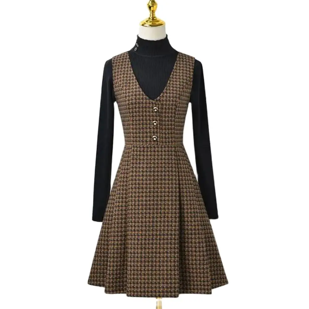 

Women's Houndstooth Woolen Spaghetti Strap Dress Knee-Length Sundress Korean Clothing Autumn Winter