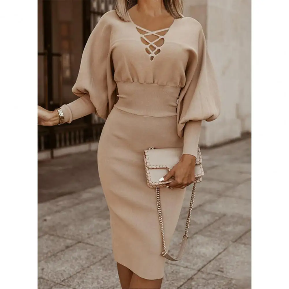 

Women Fall Cutout Dresses Casual Slim Solid Color Hollow Out Crisscross V-Neck Long Lantern Sleeve Sexy Shift Party Dress 2021