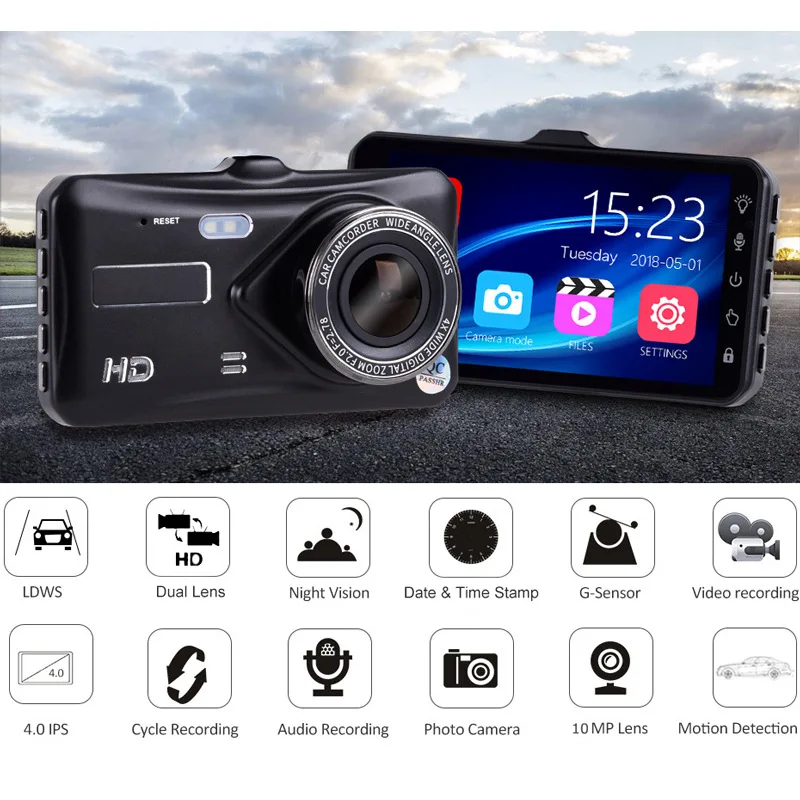 $35.15 Touch Screen 4.0 Inch 1080P Dual Lens Car DVR Dash Cam Video Recorder Touch Screen Camera G-Sensor Photography Car Electronics