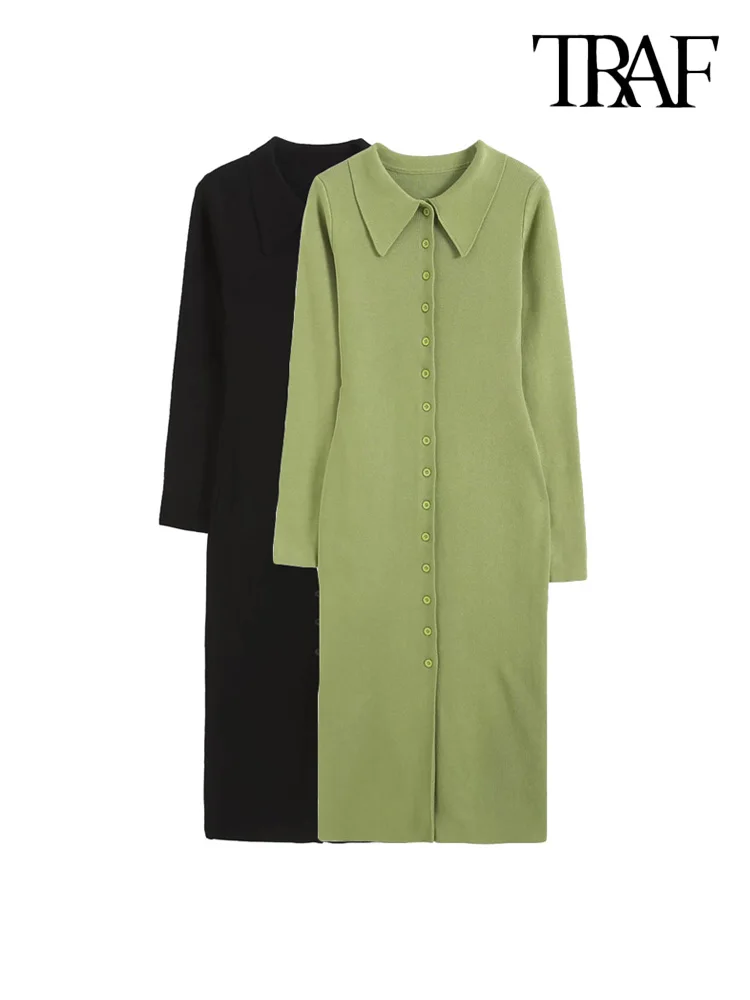 

TRAF Women Chic Fashion Fitted Green Knit Midi Dress Vintage Long Sleeve Button-up Female Dresses Vestidos Mujer
