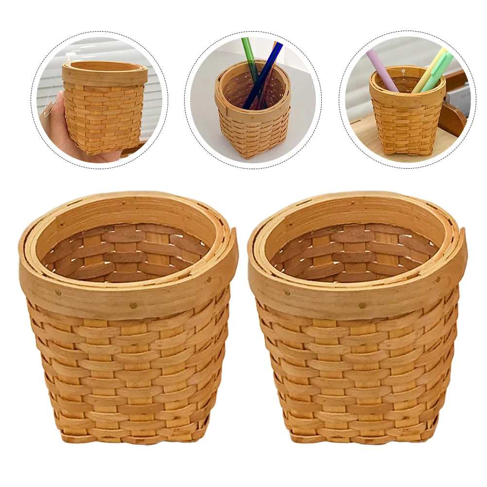 

2 Pcs Woven Pen Holder Stationary Wood Rattan Trash Can Storage Basket Chips Sundries Container Student Mini Pots
