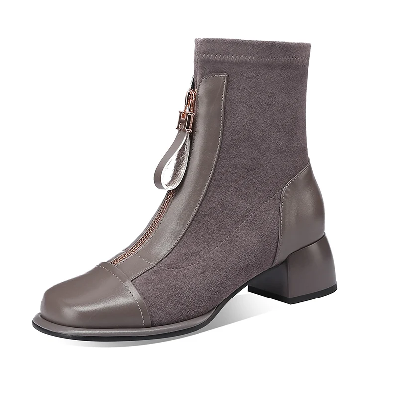 

Cowhide patchwork frosted square head waterproof platform simple Martin boots with zippered middle heel women's boots