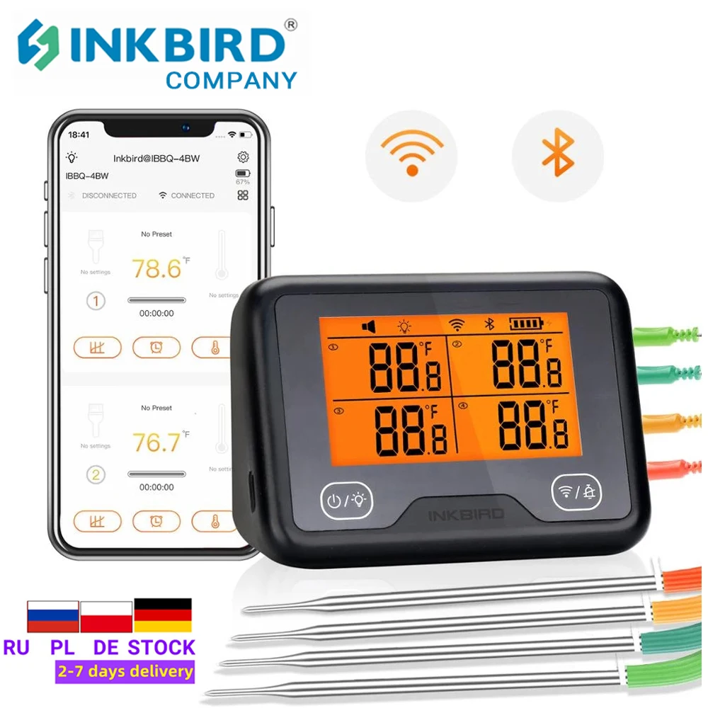 

INKBIRD IBBQ-4BW Wi-Fi&Bluetooth Digital Thermometer Rechargeable Wireless BBQ Grill Thermometer with 4 Probes Temp Graph Alarm