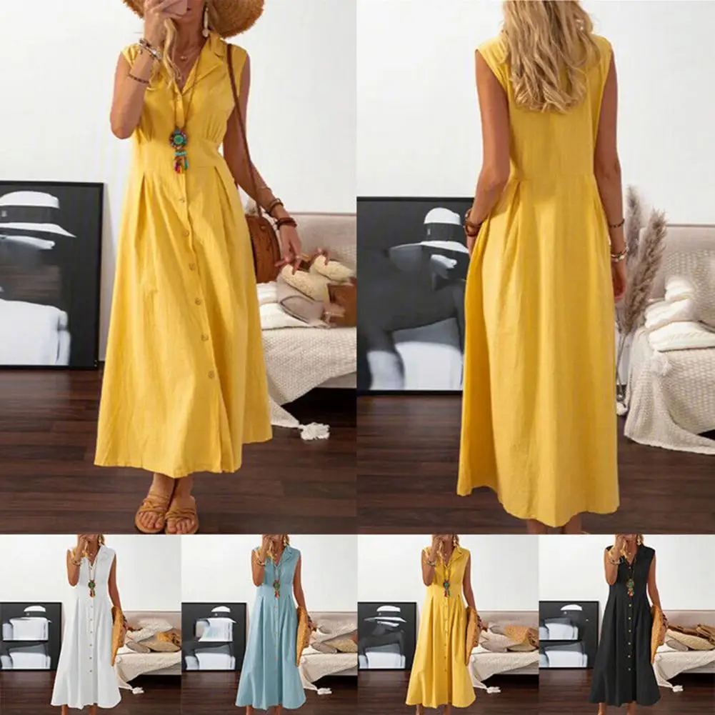 

Waist Tight Dress Stylish Summer Lapel V-neck Midi Dress Chic High-waist Single Breasted Workwear Solid Color Shirt for Women