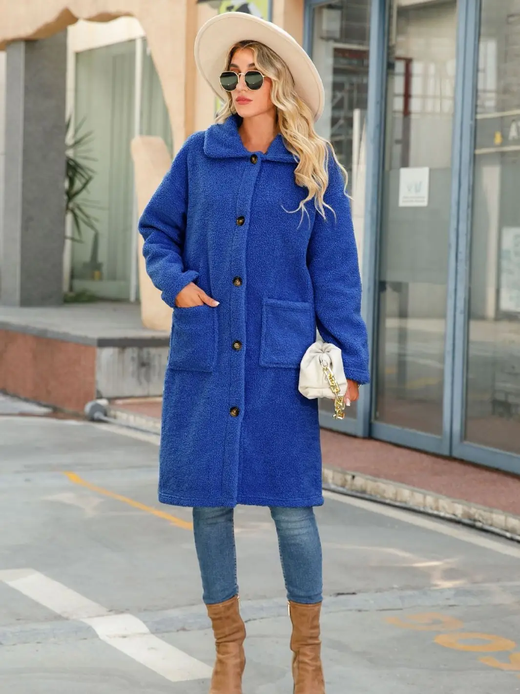 Fashionable new women's coat lapel long sleeve pocket solid color button lengthened reversible cashmere coat