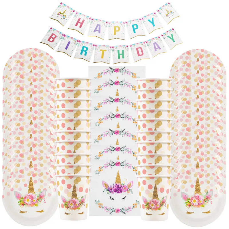 

61pcs Unicorn Party Supplies Kids Birthday Decoration Disposable Tableware Set Paper Plate Cup Banner Baby Shower Girl Decor