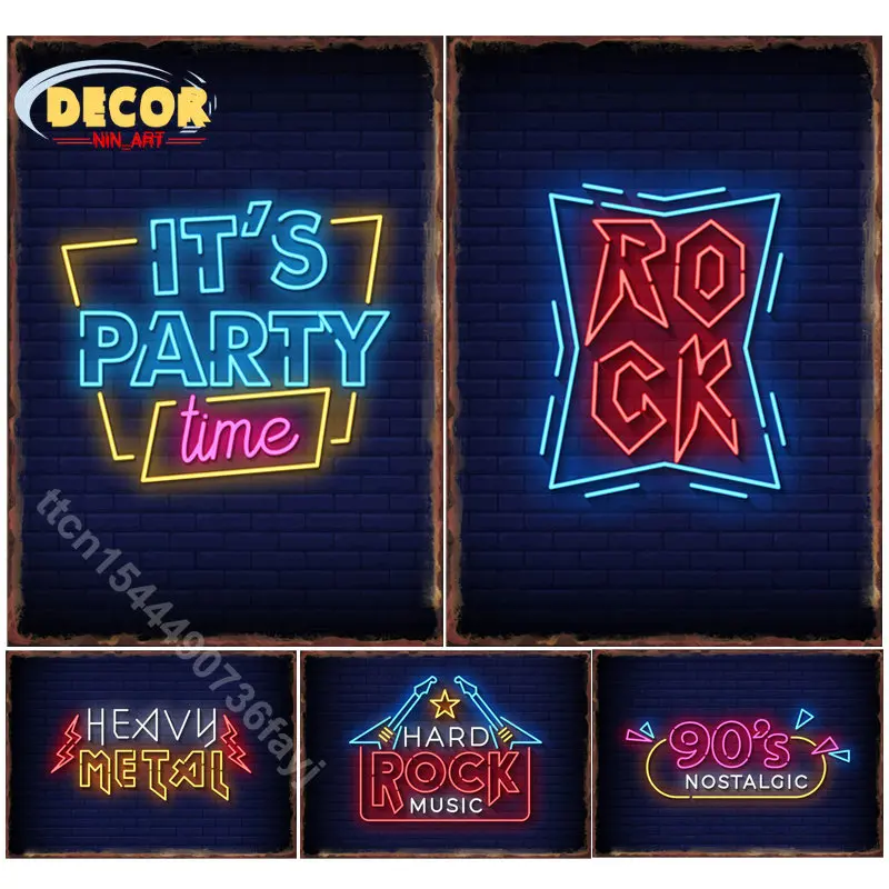 

Neon Rock Party Metal Tin Sign Poster for Heavy Hard Music 90's Nostalgic Bar Club Wall Decoration Paintings Aesthetic Decor