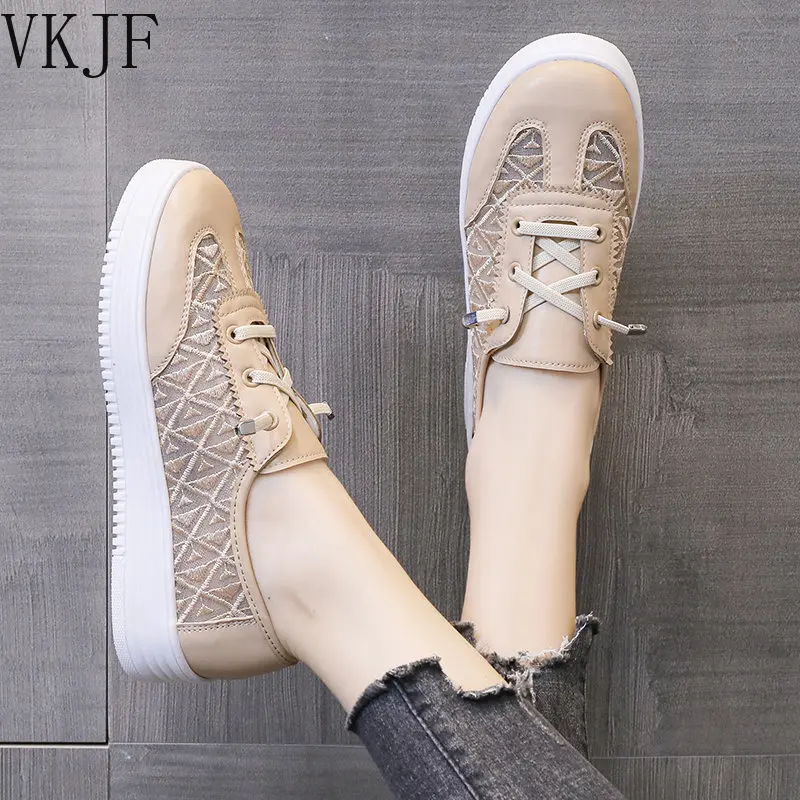 

Ladies Shoes on Sale 2023 New Fashion Solid Lace-up Women's Vulcanized Shoes Summer Mesh Flat Outdoor Women for Casual Sneaker