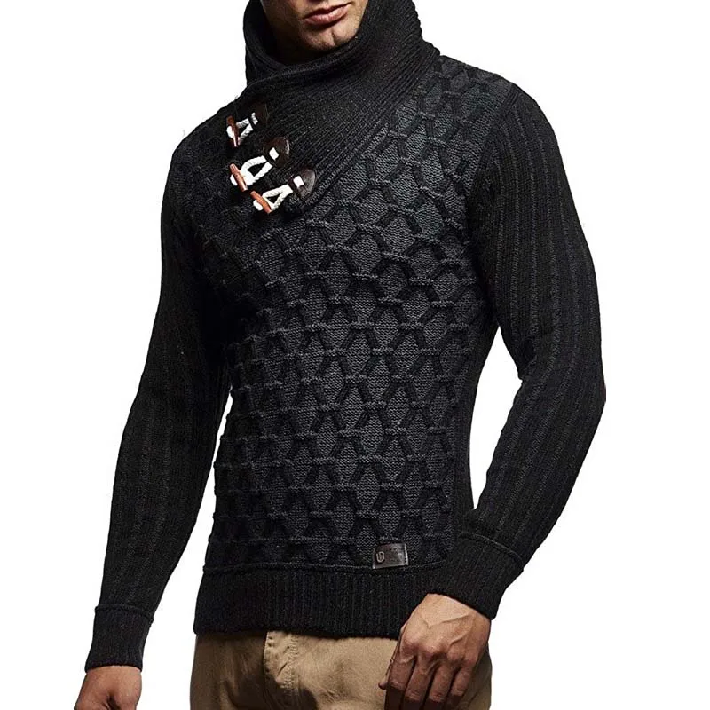 Men New Sweater Fashion Casual Winter Versatile Long Sleeve Knit Turtleneck Retro Leather Button Gentleman Pullover