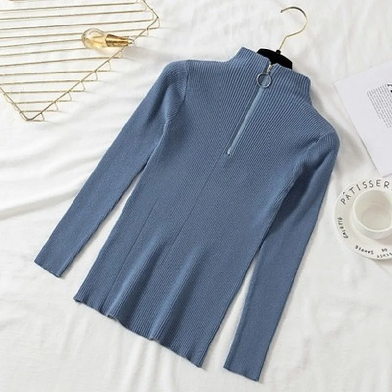 Женский трикотажный пуловер на молнии однотонный облегающий джемпер с длинным