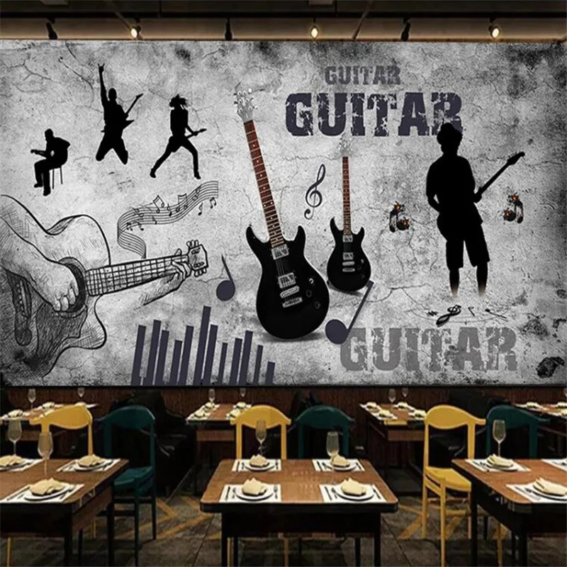 Retro 3D Guitar Music Theme Personality Wall Paper Restaurant Band Studio Bar KTV Industrial Decor Gray Mural Wallpaper 3D