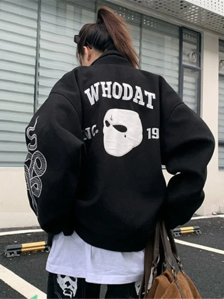 

Gothic Streetwear Skull Letter Print Women Bomber Jackets Harajuku Hip Hop Oversized Black Coats Unisex Winter Velvet