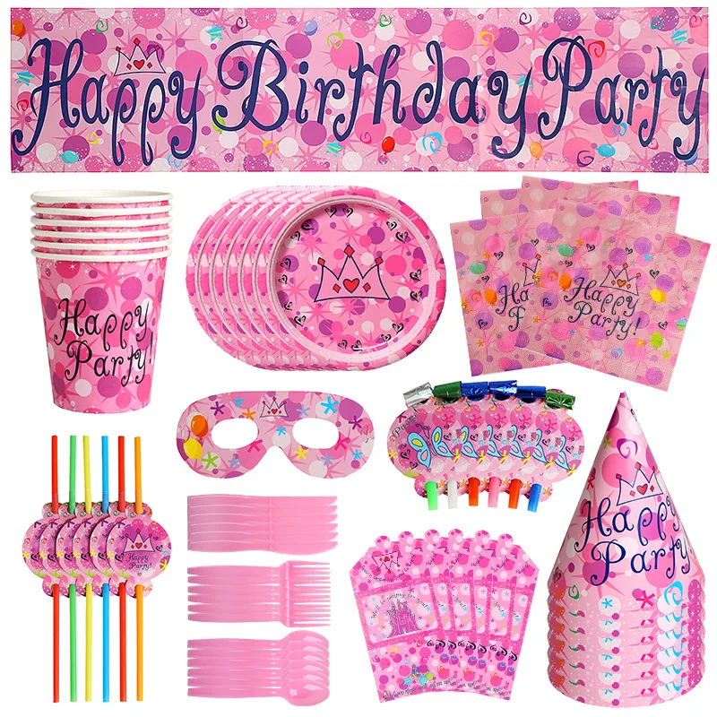 

Happy birthday kids theme party supplies Banner Paper towels paper cups paper plates decorative cutlery set