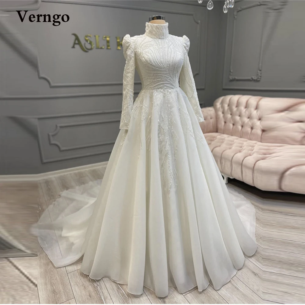 

Verngo Modest Lace Glitter Wedding Dresses High Neck Long Sleeves Court Train Saudi Arabic Bride Gowns A Line Robe de mariage