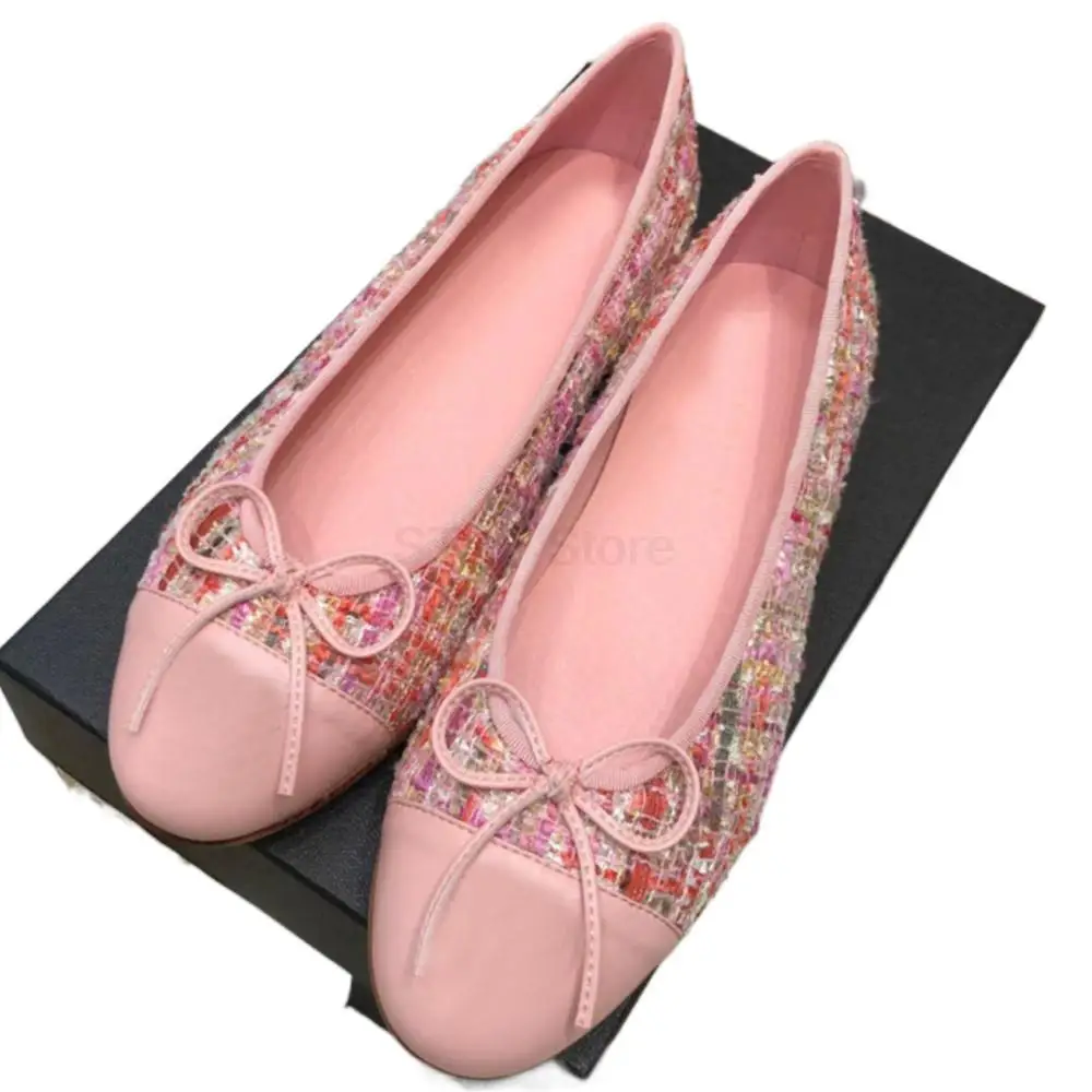 Luxury Brand Design Round Toe Bow Ballet Flat Shoes Women Genuine Leather Professional Low Heels Casual CC Shoes Zapatos Mujer