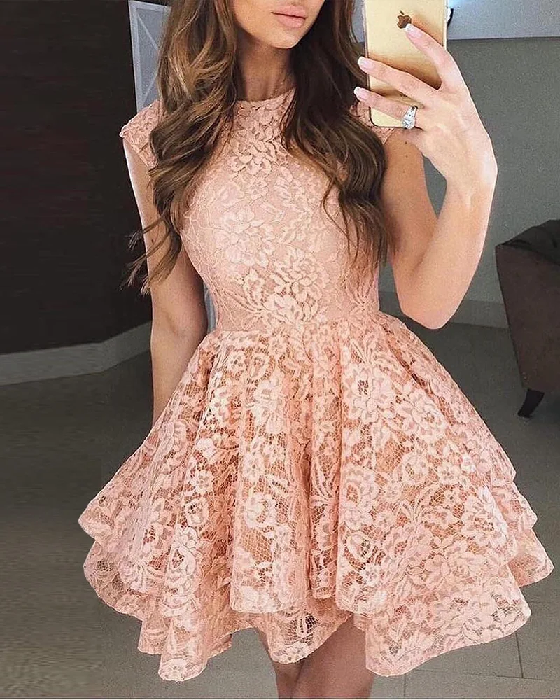 

Round Neck Layered Lace Dress Women Sleeveless High Waist Sexy Party Solid Color Mini Dress