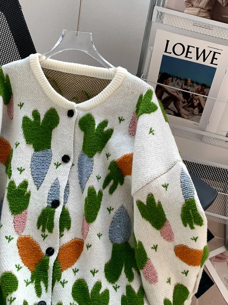 Свободная верхняя одежда в ленивом стиле жаккардовый свитер с морковью кардиган