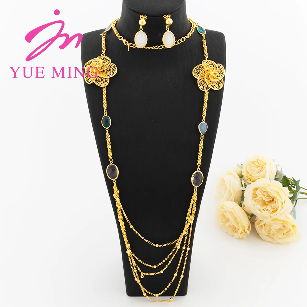 

YM Five Layers Long Chain For Women Trendy Jewelry Statement Zircon Earrings Necklace African Flower Pendant Maxi Collar Chain