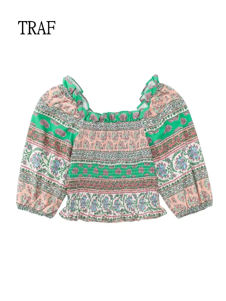 

TRAF Women Top 2022 Fashion Linen Female Top Vintage Print Ruffle Short Sleeve Ruched Shirt Women Summer Blouses And Shirts