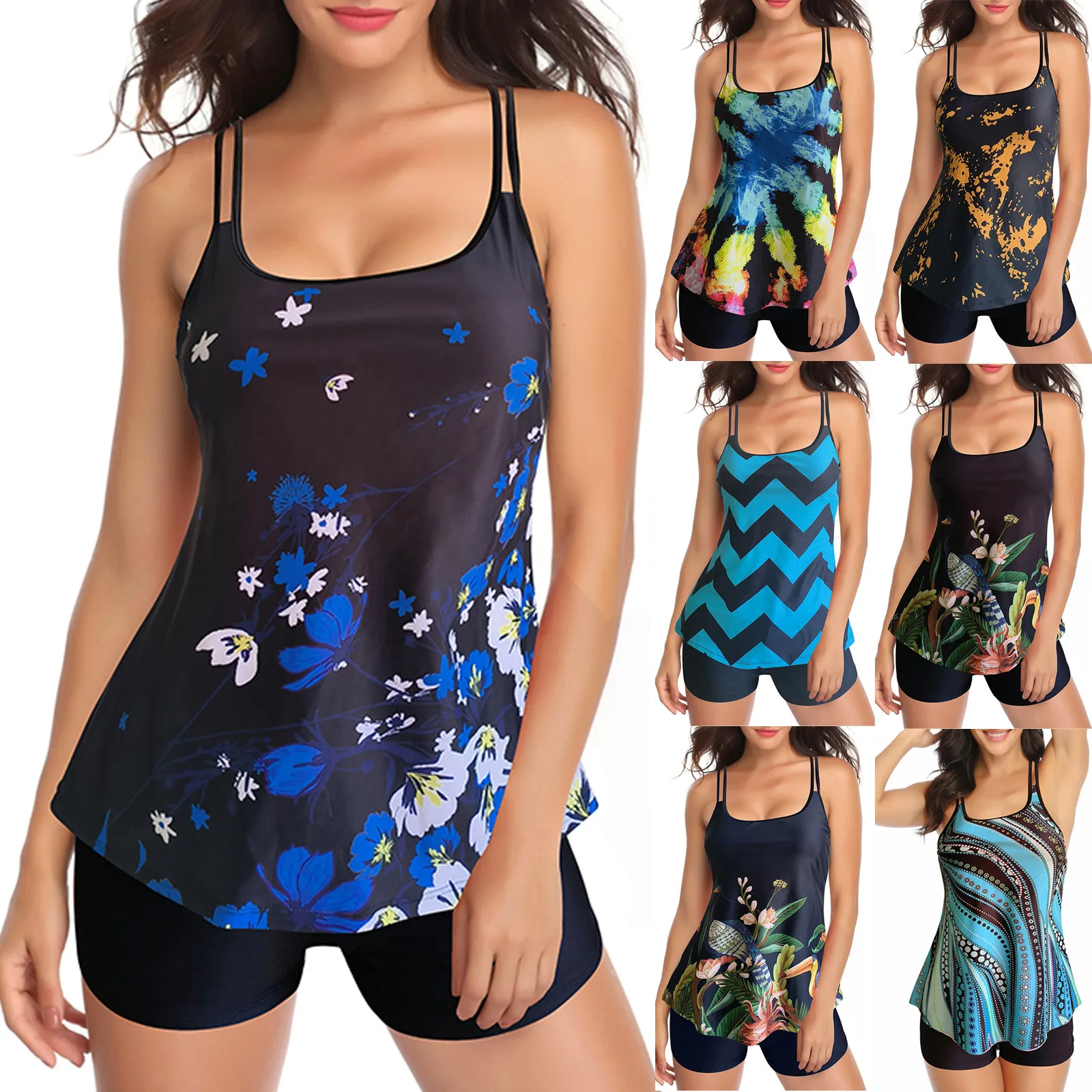 

Underwire Swimsuits for Teens Women Vintage Print Strappy Back Tankini Set Two Piece Teen Swim Shorts for Boys