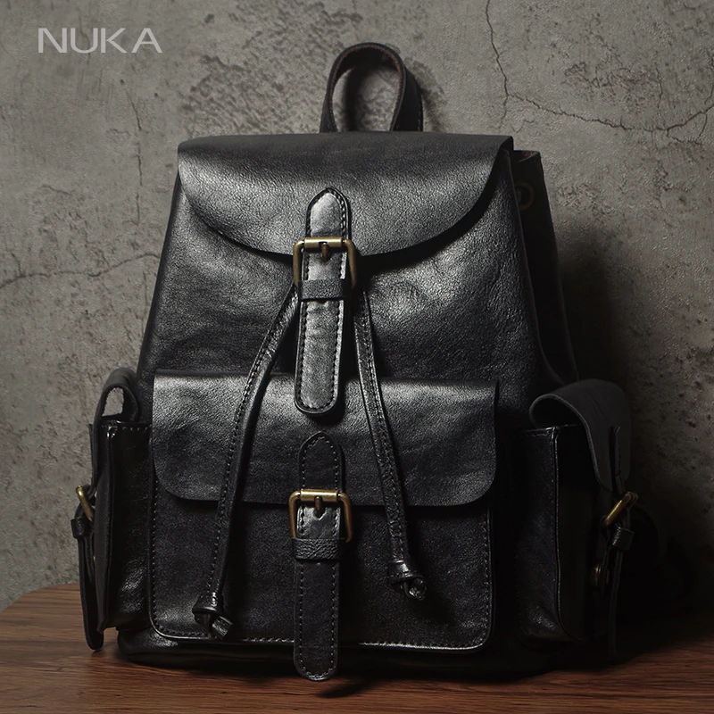 Фото NUKA Роскошный винтажный рюкзак из воловьей кожи с верхним зерном, женская сумка из натуральной кожи, модная школьная сумка выходного дня, элегантный повседневный рюкзак для путешествий №1