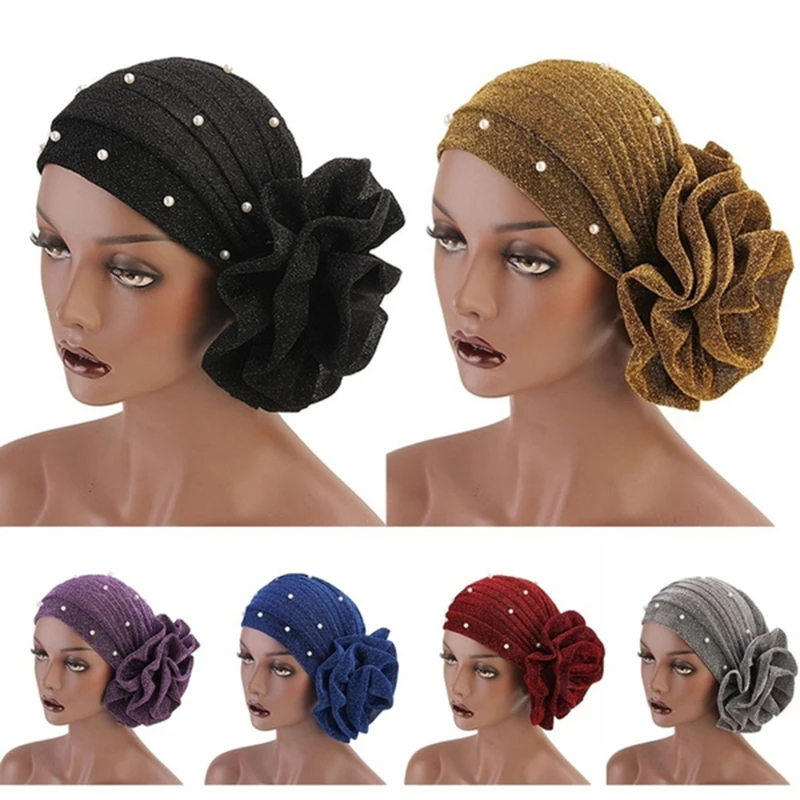 

Elegant Pearls Shiny Silk Turban Cap Women Muslim Hijab Islamic Jersey Chemo Cap Big Flower Head Scarf Ladies Head Wrap CoverEle