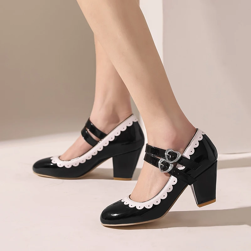 

Plus Size 42 Women Patent Leather Dress Shoes Double Buckle Mary Janes Shoes Female Wedding Shoes Bridal Medium Heels Pumps 33