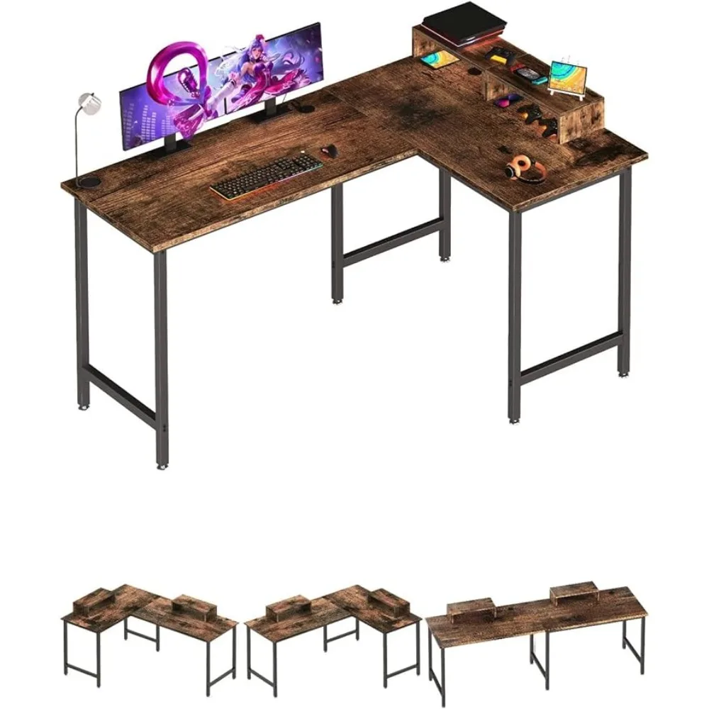 

Компьютерный стол L-образной формы, игровой стол 58 дюймов, двусторонний угловой стол, письменный стол для дома и офиса с подставкой для монитора и полкой