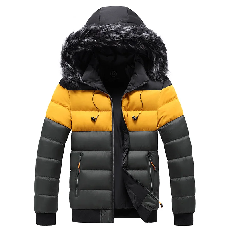 

Pop Parka Jackets Fur Collar Men Autumn Winter Mens Warm Thick Outwear Coats Solid Splice Casual Hooded Windbreak Jacket