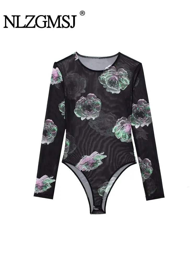 

Женский сетчатый комбинезон с принтом Nlzgmsj TRAF, сексуальный Облегающий комбинезон в стиле ретро с длинным рукавом, летний дизайнерский уличный комбинезон