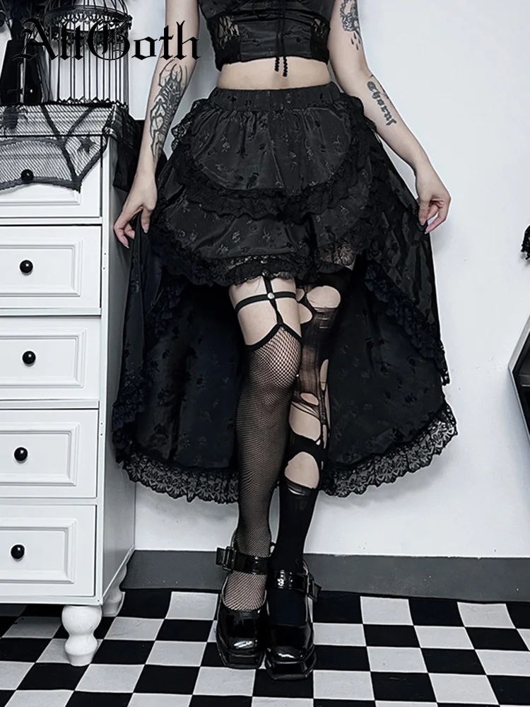 

AltGoth Aesthetic Vintage Palace Skirt Women Gothic Elegant Lace Patchwork High Waist Skirt Emo Alternative Grunge Party Skirt