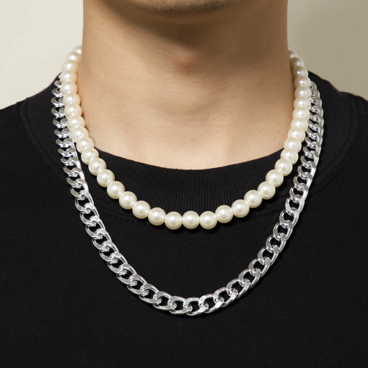 

KunJoe Punk Imitation Pearls Bead Choker Necklace for Men Hip-Hop Layered Silver Color Cuban Chunky Chain Long Necklace Jewelry