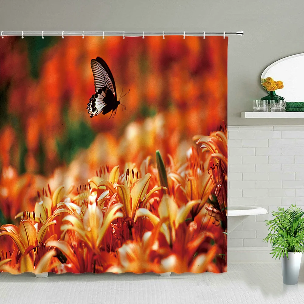 

Red Flower Butterfly Shower Curtain Colorful Flower Plant Print Pattern Waterproof Fabric Bath Curtains Bathroom with Hook Decor