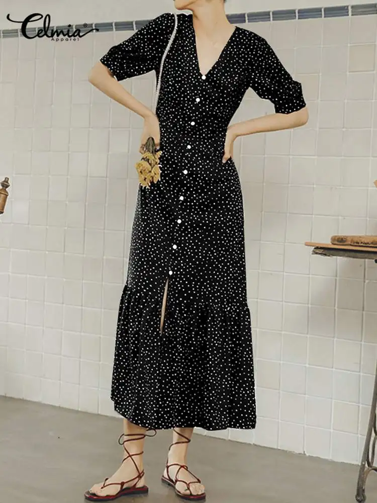 

Элегантное платье-миди Celmia в горошек с пышными рукавами и оборками, Пляжное Платье с V-образным вырезом и разрезом, привлекательный французс...