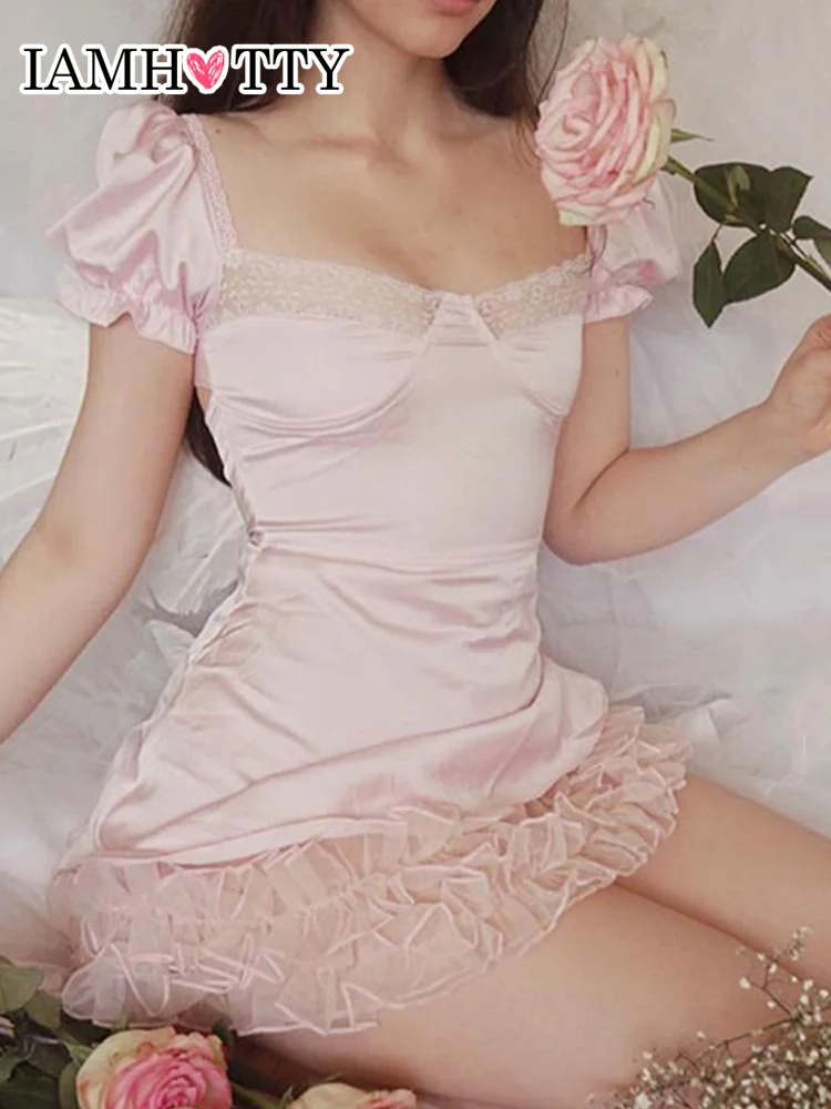 IAMHOTTY кокетка Сетчатое лоскутное розовое платье с рюшами пикантное облегающее