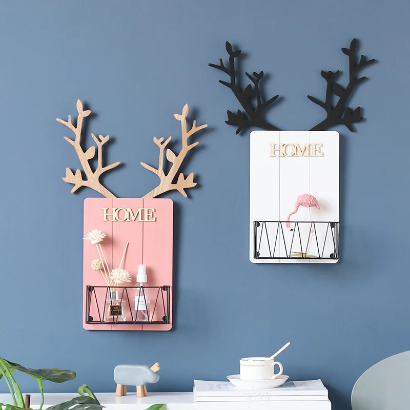 

Creative Living Room Antler Rack Wall Decoration Hanging Basket Home Room Decoration Wall Small Pendant Wooden Wall Decoration